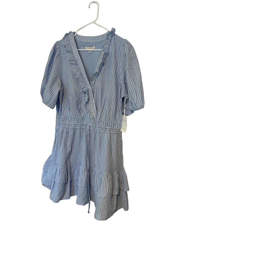 Free Assembly Blue White Striped Ruffle Mini Dress Cotton Smocked Waist Large